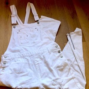 White long distressed overalls